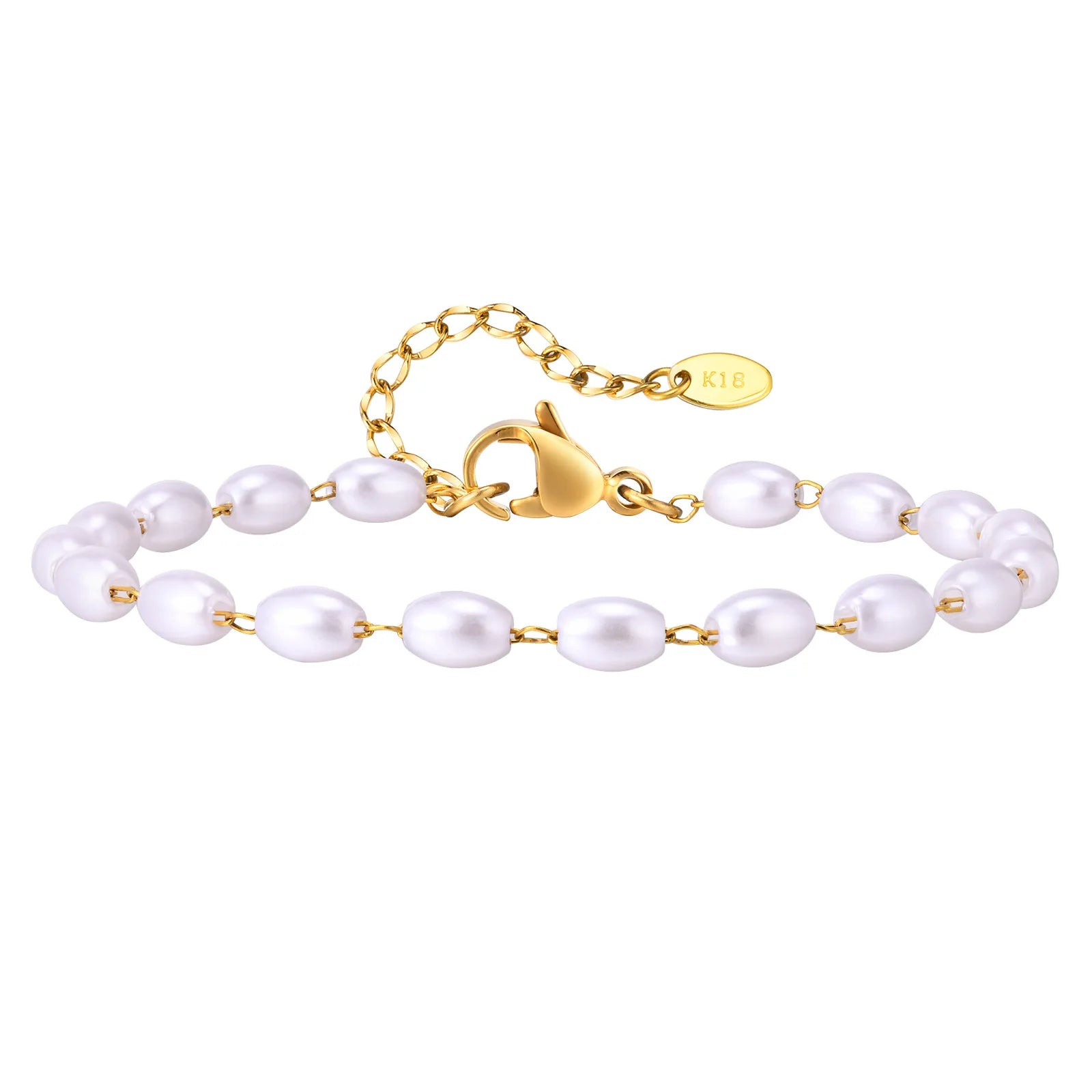 Wholesale Stainless Steel 14K Gold Plated Classic Party Adjustable Beaded Imitation Pearl Chain Bracelet Women