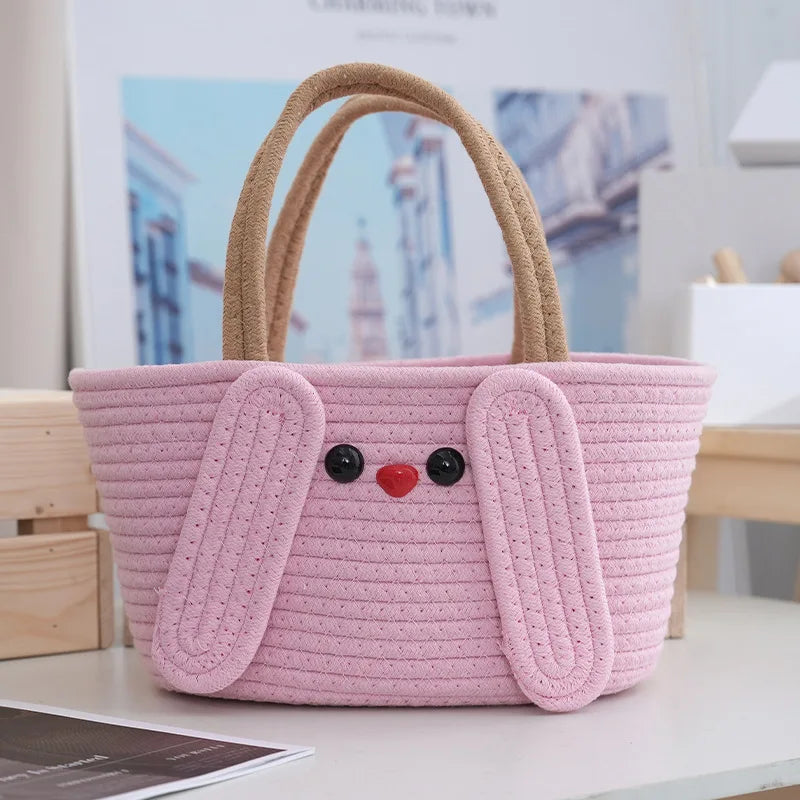 Girls' Lady Cute Cartoon Cotton Rope Woven Casual Tote Bag Large Capacity Leisure Two Handles Open Closure