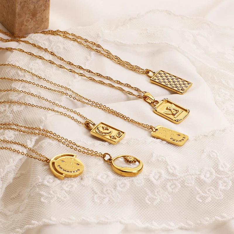 Luxury Necklace Women Moon Star Zirconia Pattern Gold Dipped Necklace Stainless Steel Statement Necklace