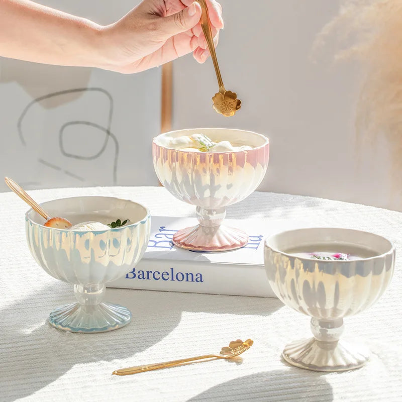 Solhui Ins Ceramic Pearl-glazed Striped Ombre Color Bowl Yogurt Ice Cream Bowls with Stand