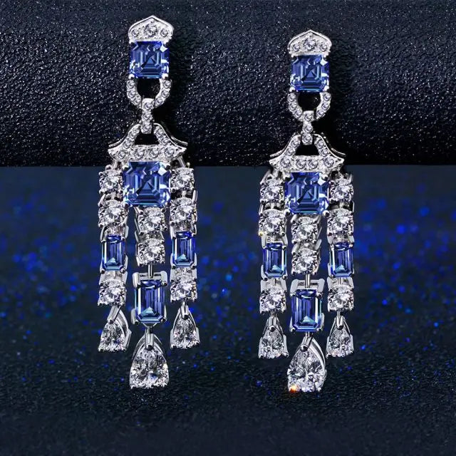 925 Silver Cubic Zirconia Sapphire Blue Stone Drop Earrings Big Blue Stone Earring