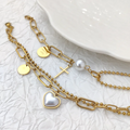 Women's Trendy 18K Gold Plated Double Layered Chain Bracelet White Pearl Heart Charm Geometric Paperclip Design WSB007 Stainless