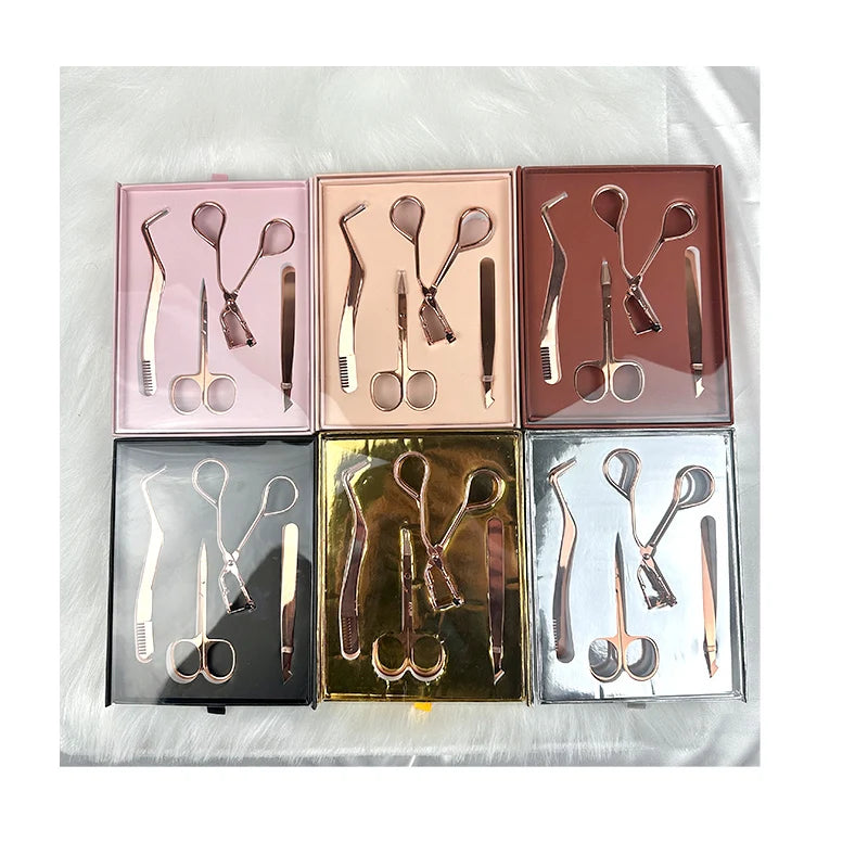YJ6 Private Label Stainless Steel Gift Box Lash Curler Kit Rose Gold Applicator Eyelash Scissors Set False Eyelashes & Tools