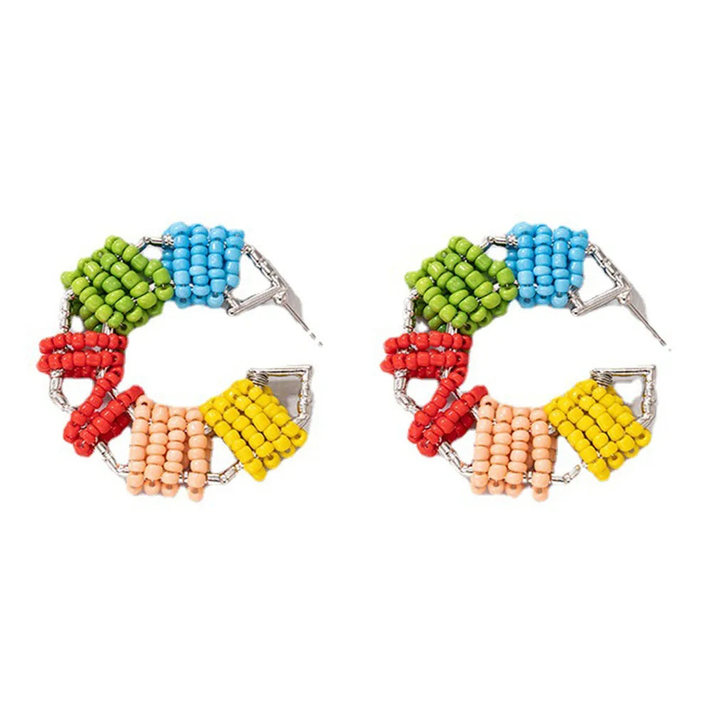 Wholesale Summer Handmade Glass Rice Beads Beaded Seed Bead Earrings Bohemian Hoop c Earring for Women