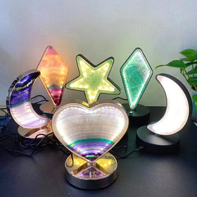 Hot Sales Natural Fluorite Heart Carving Healing Stones LED Lamp Crystal Moon Light for Crystal Crafts