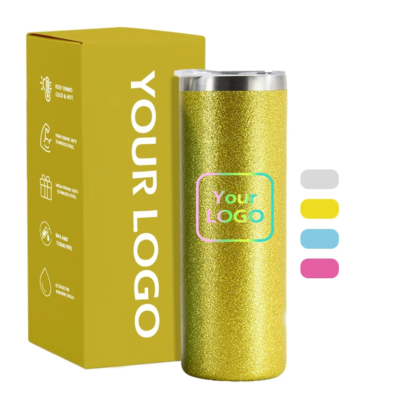 Hot Sale Stainless Steel Slim Tumbler Double Wall Vacuum Insulated Water Bottles 20oz Glitter Straight Skinny Tumbler Cups