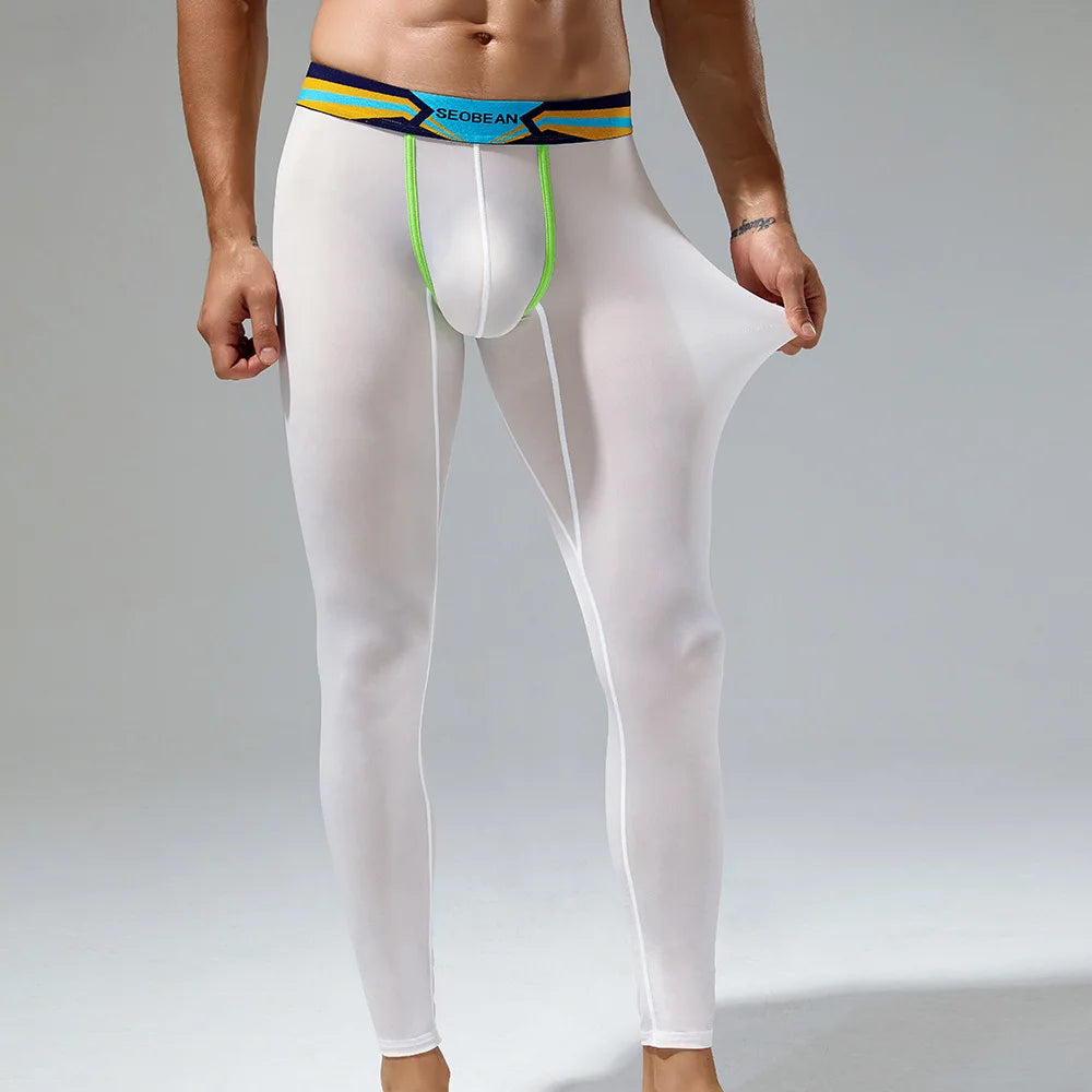 Hot Selling Good Quality Men's Nylon High Stretch Sheer Mesh Breathable Sexy Transparent Long Johns  Sleeping Pants for Male