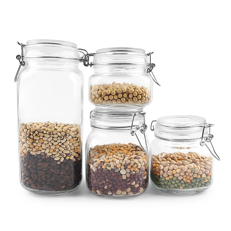 Empty Square 500ml 750ml 1000ml 2000ml Airtight Jam Honey Candy Clip Top Glass Mason Jars With Metal Clip