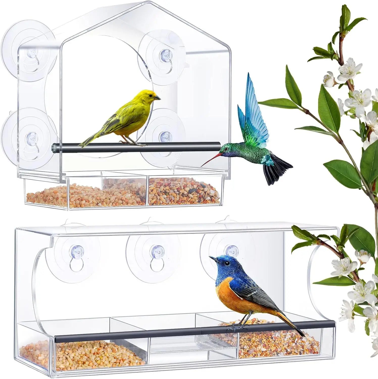 Nail-Free Acrylic Window Bird's Food Box Transparent Bird Feeders Cage With Strong Suction Cups for Outdoors Hanging
