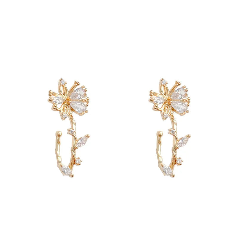 Korean Luxury Jewelry 14K Gold Plated Earring Personality Flowers Earrings Metal Copper Inlaid Zircon Earrings for Women