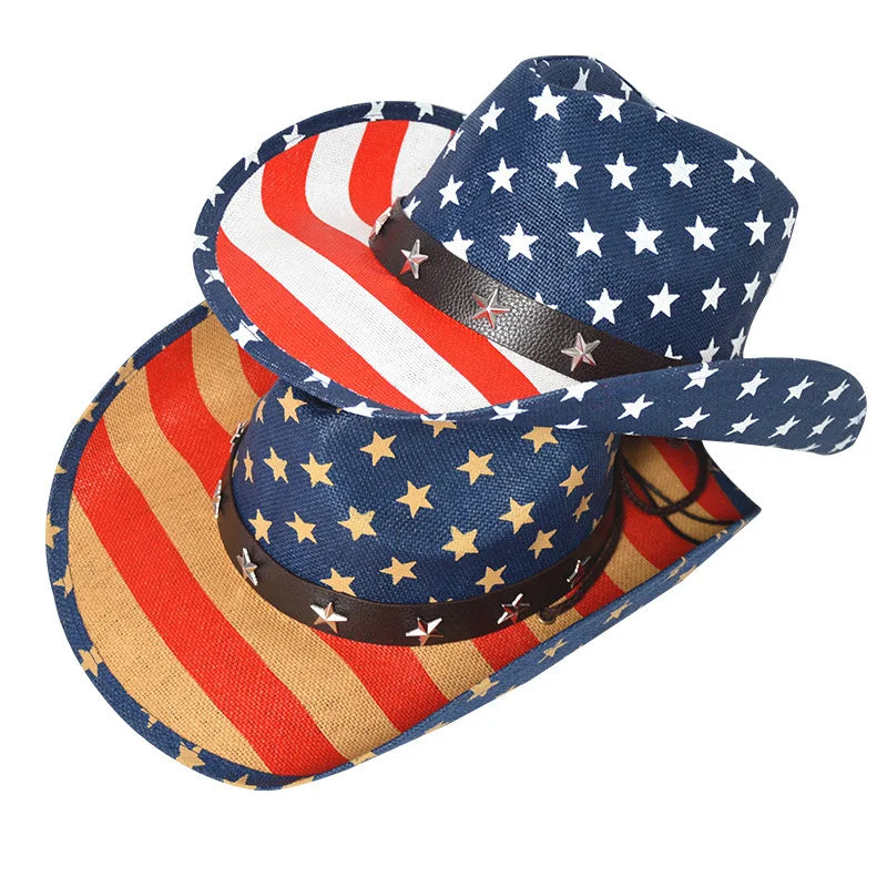 MIO Independence Straw Cowboy Hat Usa American Flag Hat Stars and Stripes Printed Straw Hat Shapable Brim
