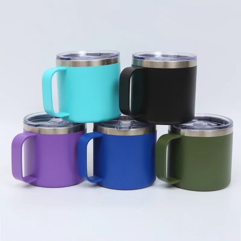 Custom Logo 12oz 14oz Powder Coated Insulated Stainless Steel Coffee Mugs Handle Double Wall Vacuum Tumbler Cup With Lid
