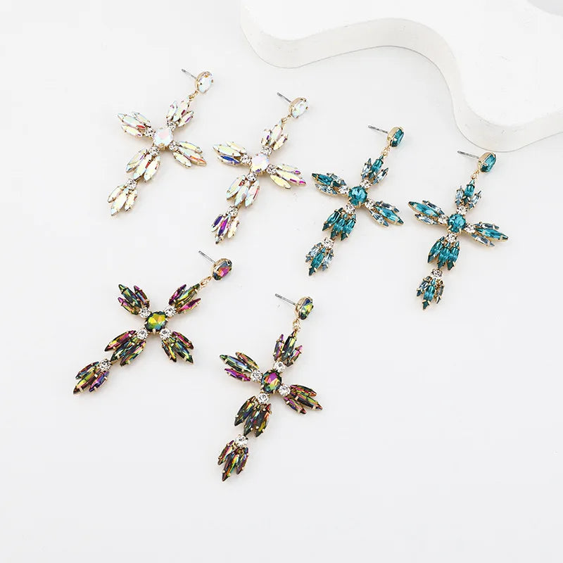 Newest Exaggerated Rhinestone Cross Dangle Earrings Glass Crystal Large Cross Stud Earrings for Woman