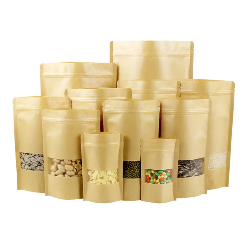 Stand-Up White Kraft Paper Reusable Zipper Regular Heat Sealable Food Packaging Multi-Bags with Matte Window