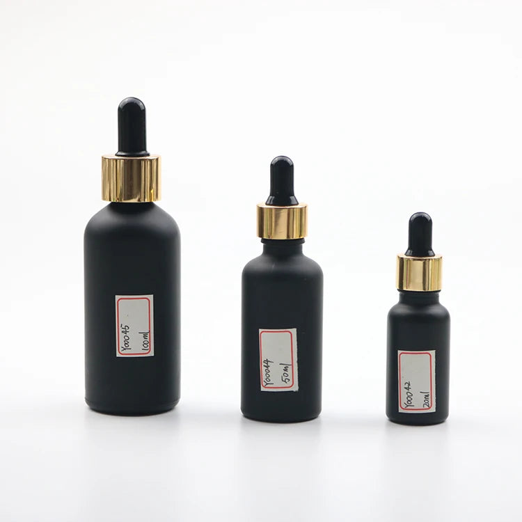 Custom Decoration 20ml 30ml 50ml Matte Frosted Black Glass Dropper Bottle with Gold Cap