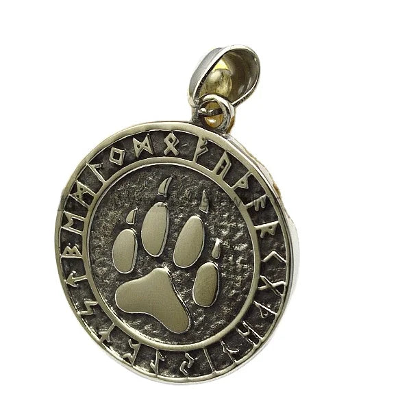 Trendsetter Viking Animal Jewelry Stainless Steel Bear Paw Footprint Runes Circle Pendant with Silver Engraving