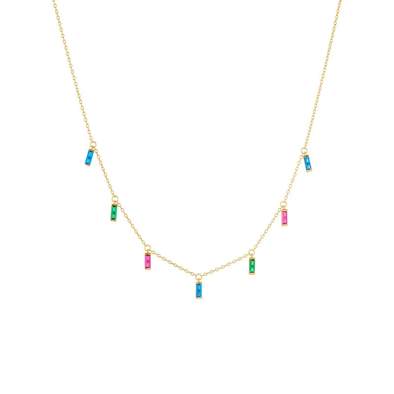 Luxury Boho Rectangle Colourful Rainbow Zircon Charm Choker Gold Plated 925 Sterling Silver Tassel Necklace for Women Girls