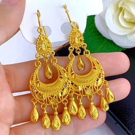 Dubai 24K Gold Plating Bride Wedding Long Hook Earrings Indian Style Wedding Jewelry Copper Tassel Pendant Huggie Earrings
