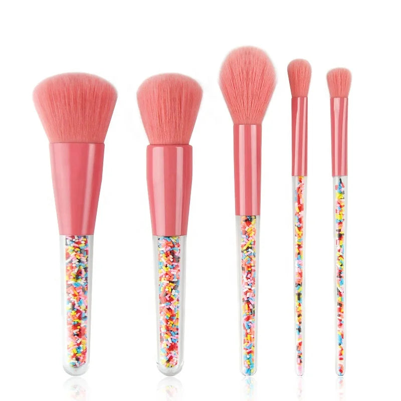 Custom Logo 5 Pieces Personalized Candy Quicksand Transparent Handle Small  Face Foundation Powder Eyes Makeup Brush Set