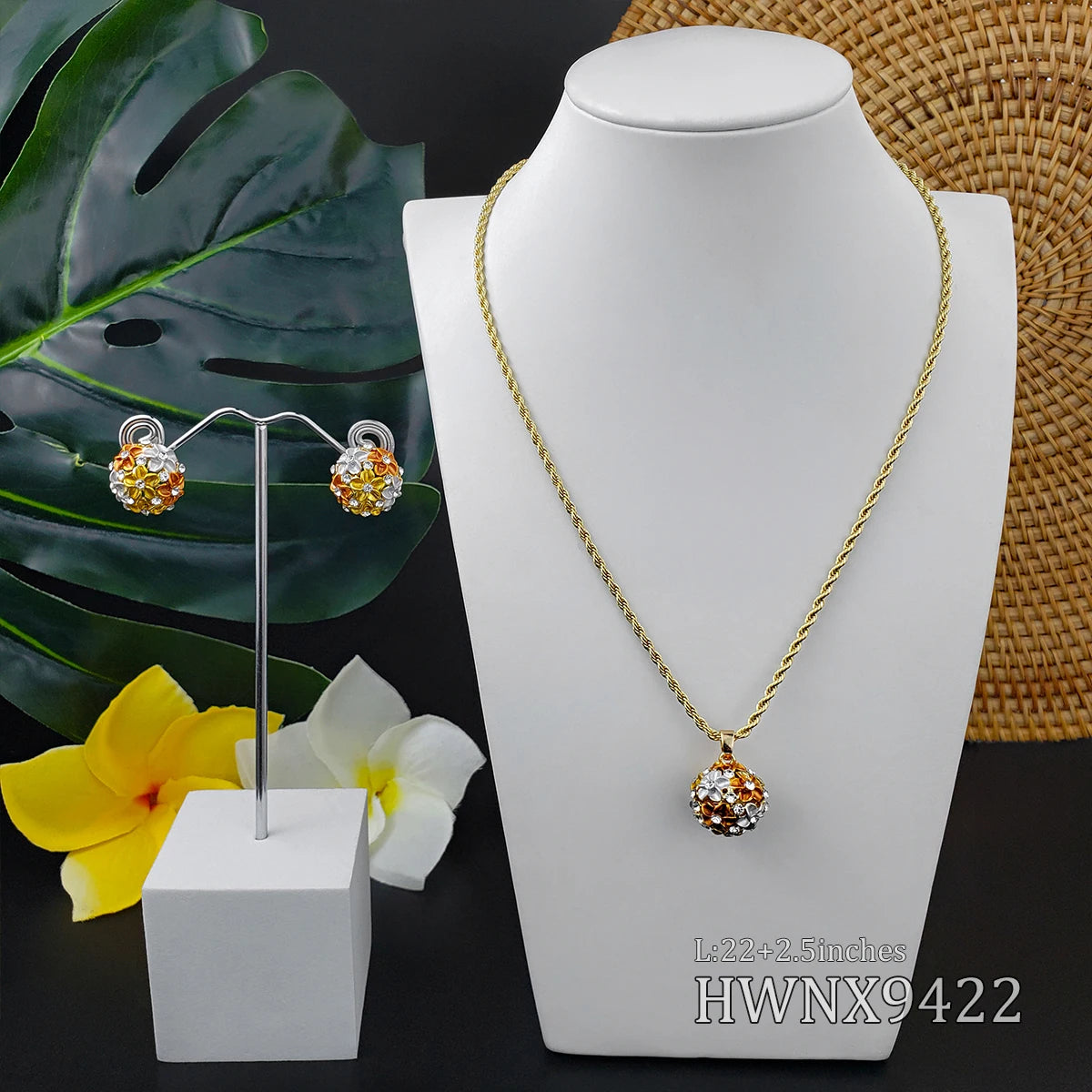 Hawaiian Jewelry Sets Gold Plated Jewelry Flower Necklace Set Women With Gold Stud Earrings
