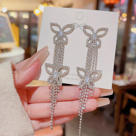 Elegant Silver Statement Simulated Diamond Earrings Double Full Rhinestone Irregular Tassel Butterfly Earrings for Bride Jewelry