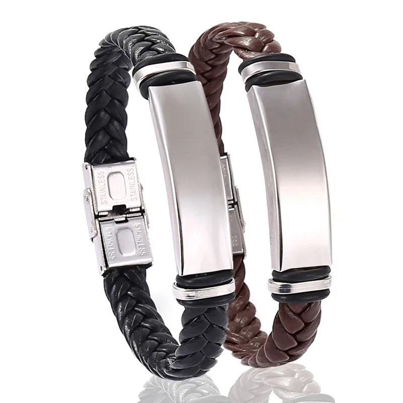 Engraving Custom Your Own logo Titanium Stainless Steel Metal Plate Men Woman Braided Leather Bracelet