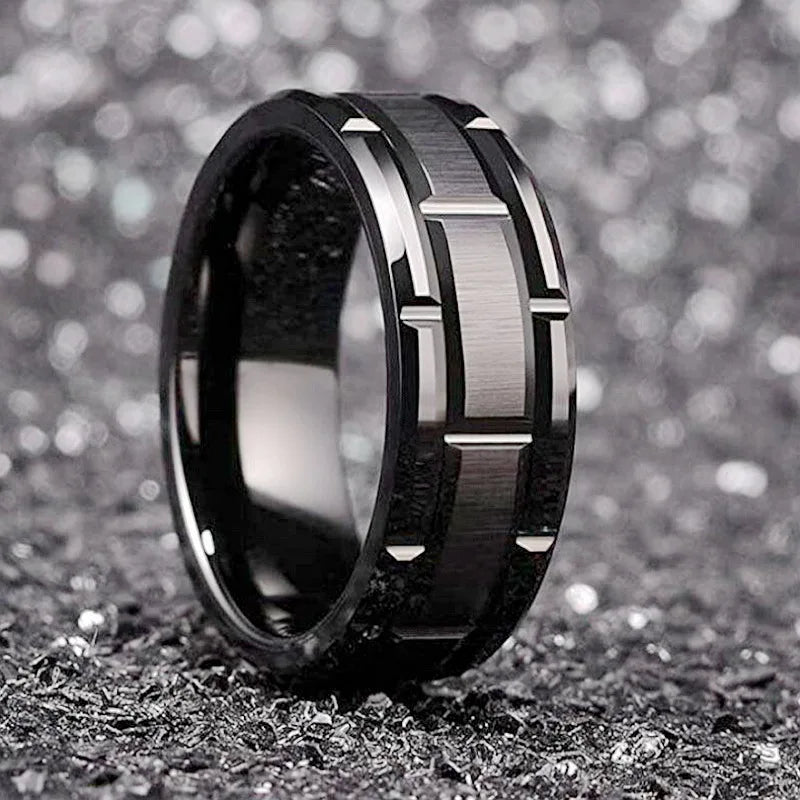 Fashion 8MM Men's Black Stainless Steel Ring Brick Pattern Brushed Double Groove Engagement Ring Men's Wedding Party Jewelry