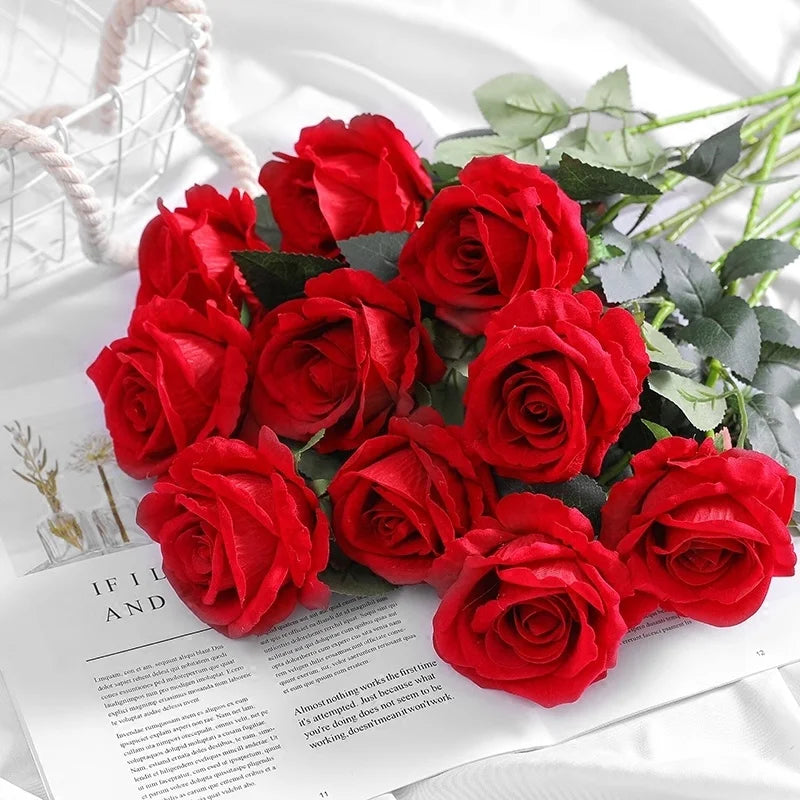 F52 Factory Bulk Wholesale High Quality Artificial Velvet Roses Flower Red Rose Decorative Flowers for Interior Wedding Backdrop