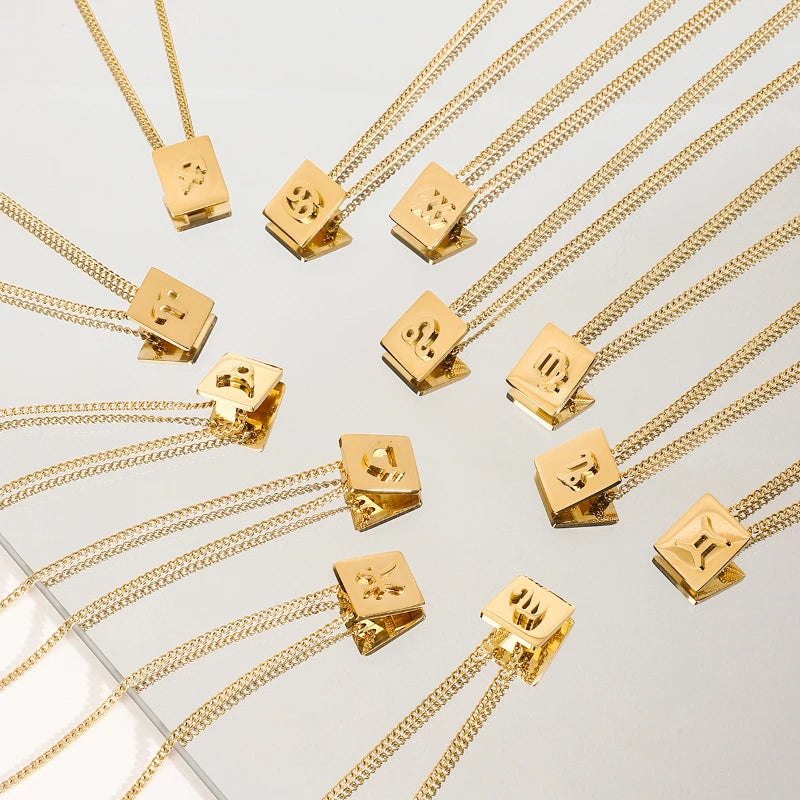 G3909 Wholesale Stainless Steel Zodiac Necklaces 18K PVD Gold Plated Sample Rectangle Block 12 Zodiac Signs Pendant Necklace