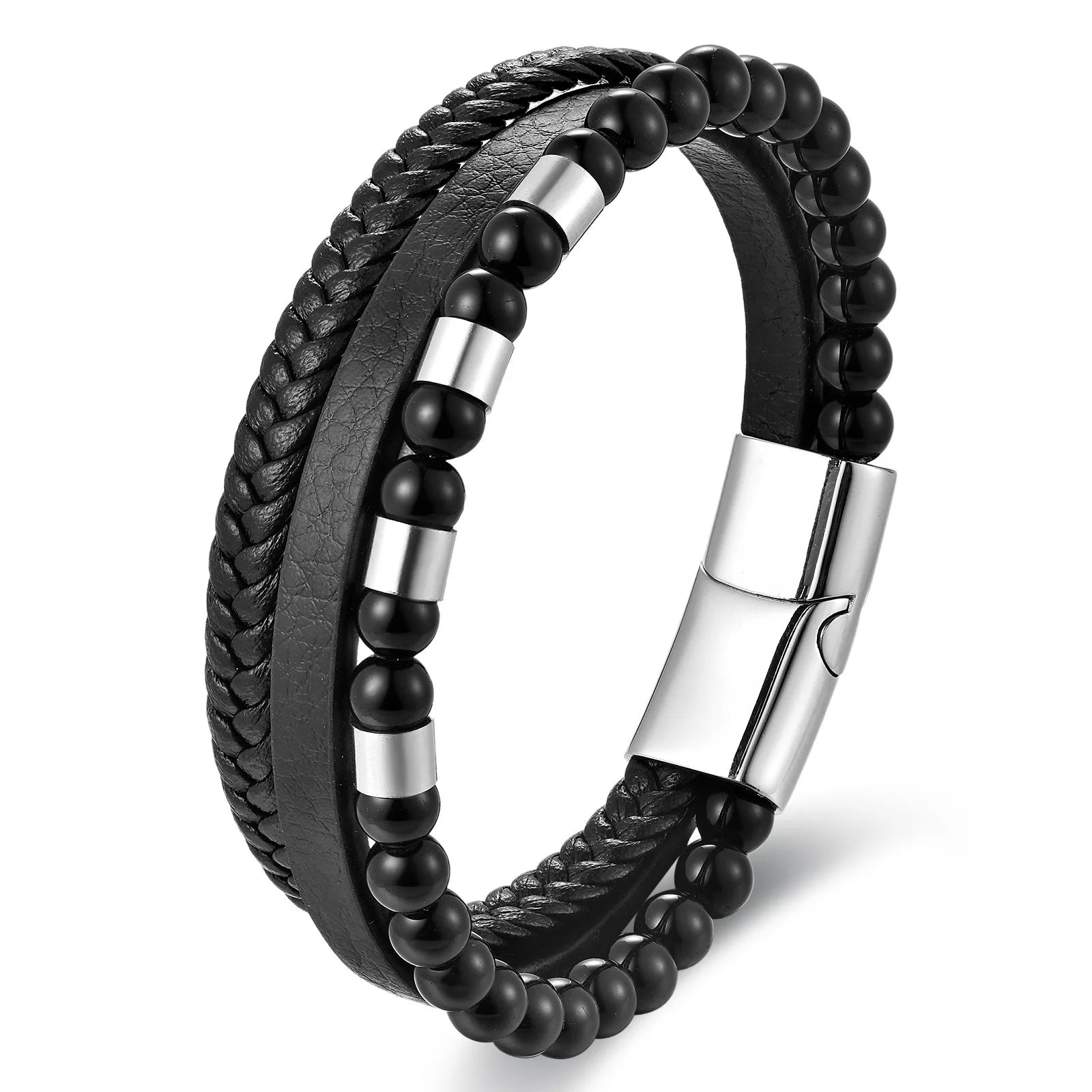 Men Bracelets Vintage Multilayer Leather Braid Bracelets Handmade Magnetic Buckle Stainless Steel Beaded Bracelets Male Gift