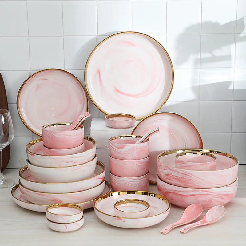 Wholesale Luxury Porcelain Gold Inlay Modern Pink Marble Design Dinnerware Sets Elegant Plates for Hotel Home & Wedding Use