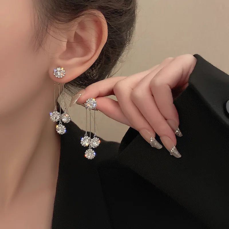 Fine Jewelry Bling Crystal Tassel Dangle Earrings 925 Silver Needle Korean Rhinestone Diamond Stud Earrings for Women