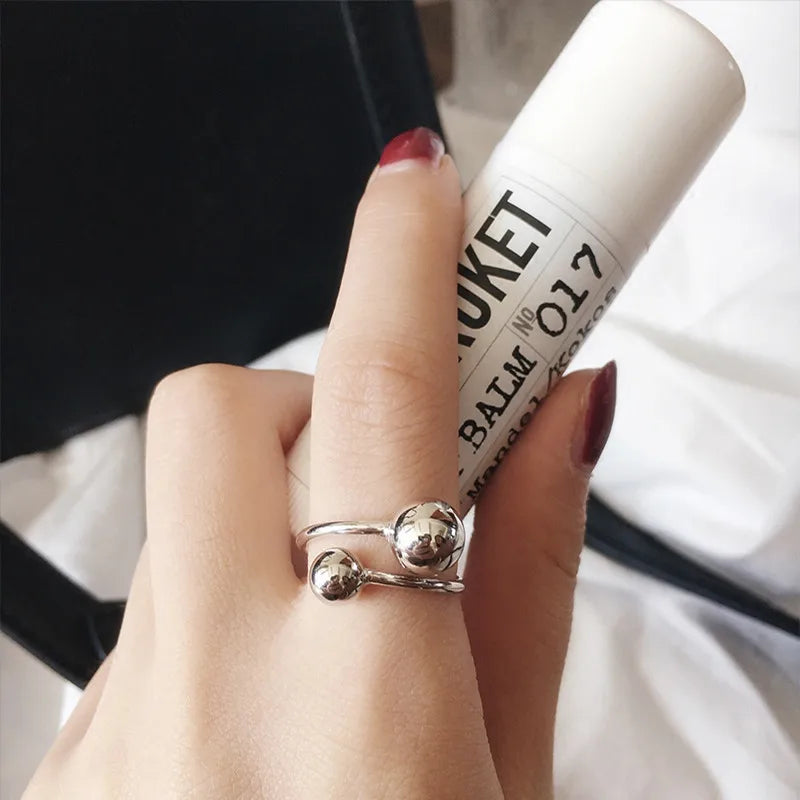 WMJA073 S925 Sterling Silver Adjustable Minimalist Engagement Wedding Rings High Polish Double Ball Open Band Ring for Women