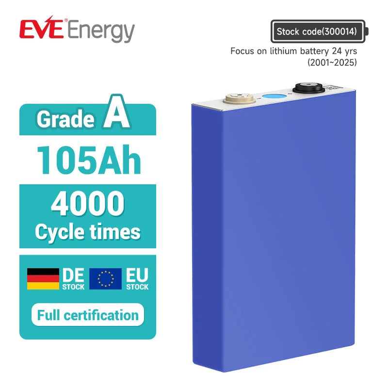 EVE LF105 105Ah 4000 Cycles 3.2V LiFePO4 Battery for Home & Solar Energy Storage Systems EU Stock