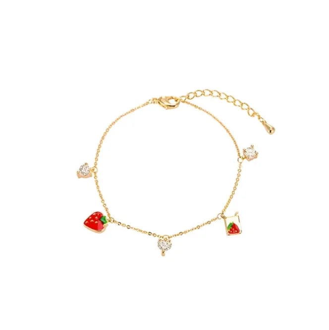 2021 CZ Crystal Fruit Charm Cute Strawberry Bracelet Heart-shaped Crystal Fruit Bracelet With Gold Chain