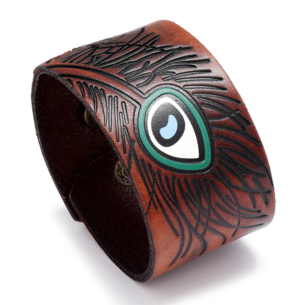 Wholesale Men's Vintage Genuine Leather Bracelet New Indentation Peacock Feather Fashion Wristband