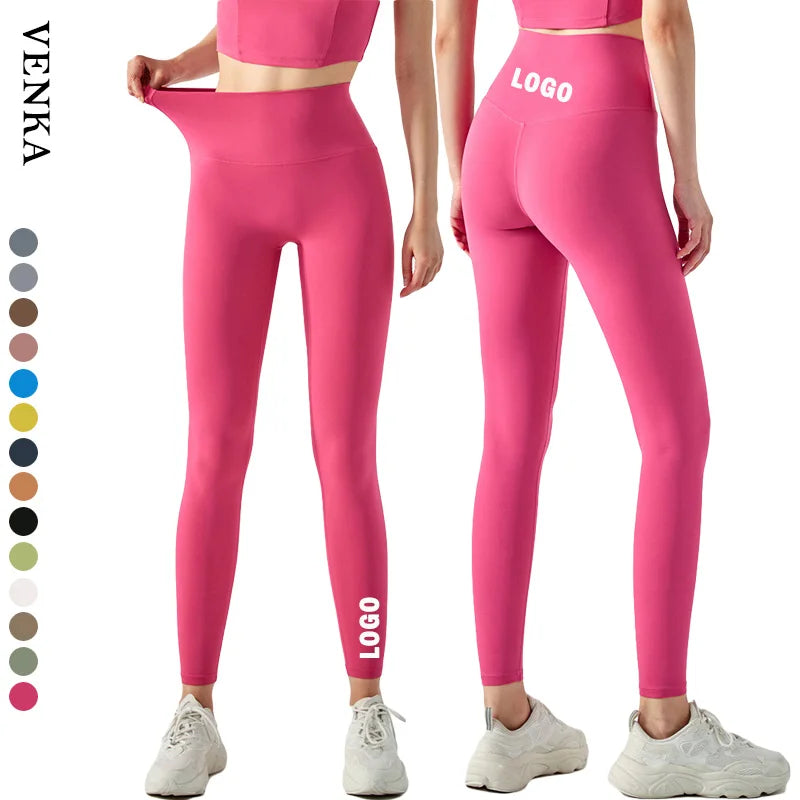 Logo Women Workout Pants No Front T Line Solid Cool Fabric Free Size High Waist Peach Butt Fitness Leggings Yoga Pants Trousers