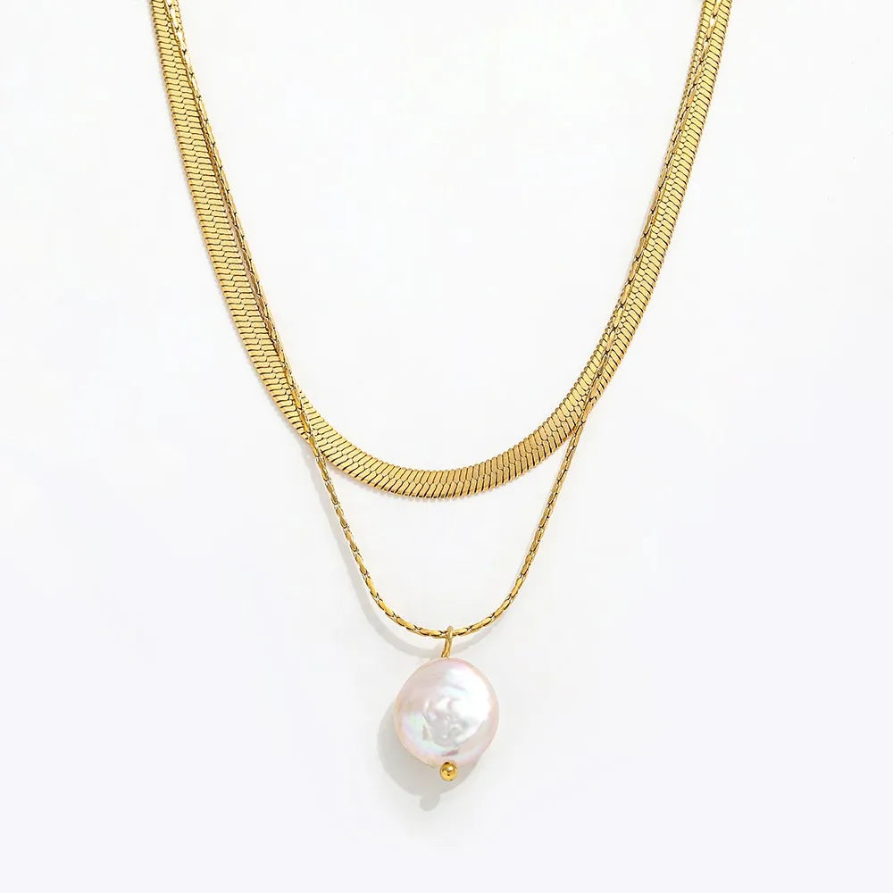 Joolim 18K PVD Gold Plated Single Freshwater Pearl Pendant Snake Chain Double-Layer Stainless Steel Parties Gifts