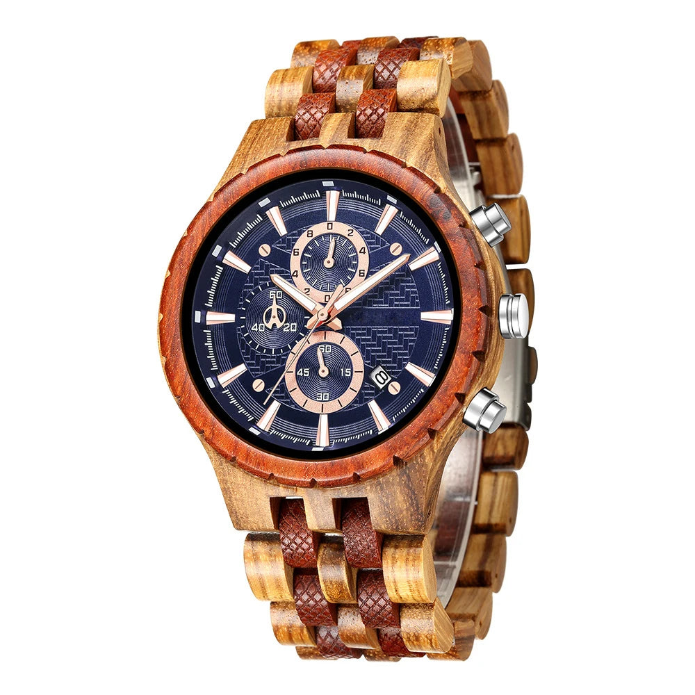 New Men's Fashion Sports Antique Business 48mm Multi-functional All-wood Chronograph Mineral Glass Trendy Handmade Wooden Quartz