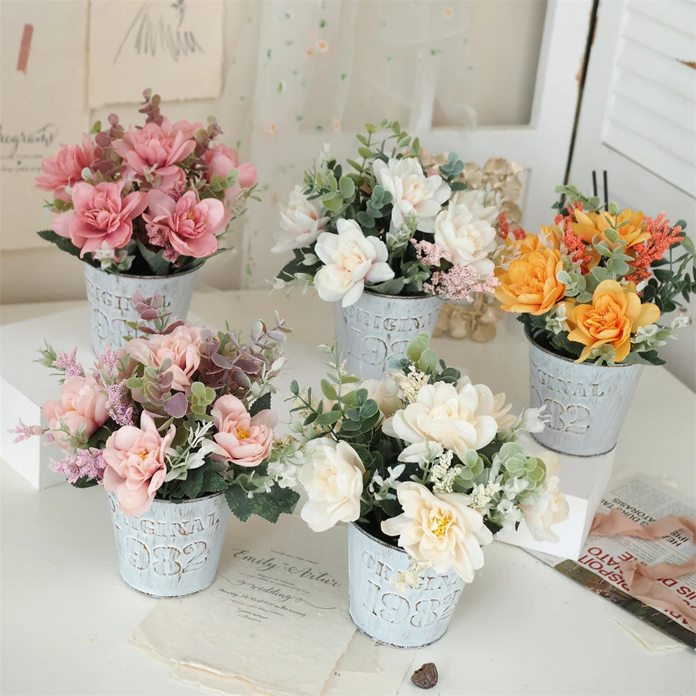 Mini Silk Rose in Metal Pot - Artificial Flower for Tabletop Decor Gift Idea
