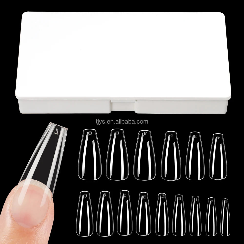 600pcs/Box Clear Full Cover 15 Sizes Nail Tips Almond Coffin Stiletto Square Round Extension Soft Gel Acrylic False Nail Tips