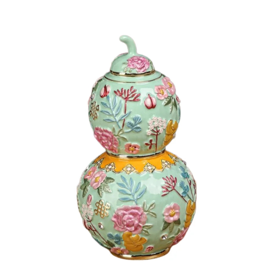 SHINNYGIFTS Hand-Painted Enamel Gourd Jewelry Box Flower and Wealth Pattern Metal Trinket Box Feng Shui Home Decor Ornament