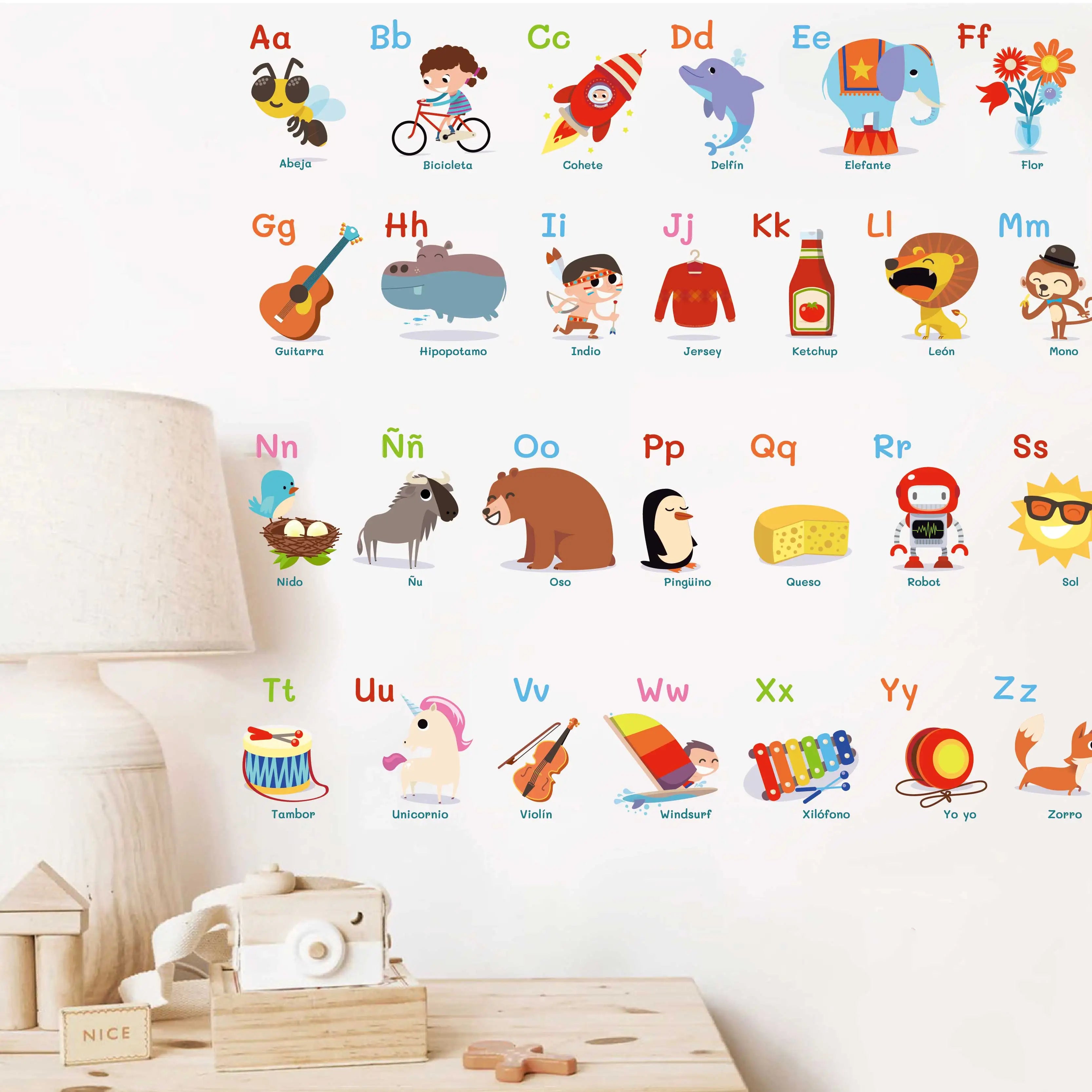 Kids Room Wall Decoration 3d Cartoon Animal Spanish Alphabet Stickers Letters