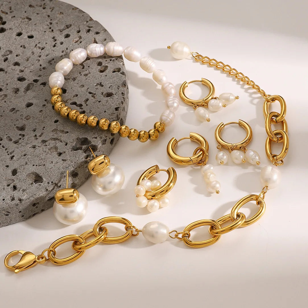 18K Gold Plated Stainless Steel Waterproof Baroque Pearl Bracelet Hypoallergenic Summer Cuff Jewelry for Woman