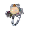 Graceful Rhodium Plated 925 Silver Jewelry Natural Opal Flower Ring for Women Anniversary Gift