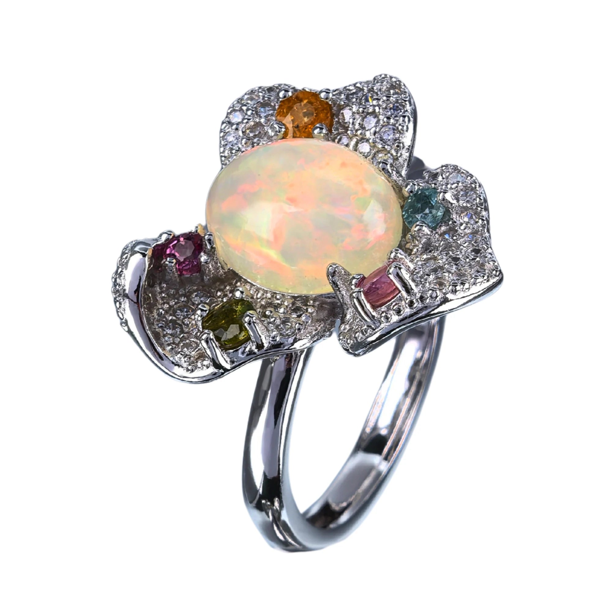 Graceful Rhodium Plated 925 Silver Jewelry Natural Opal Flower Ring for Women Anniversary Gift