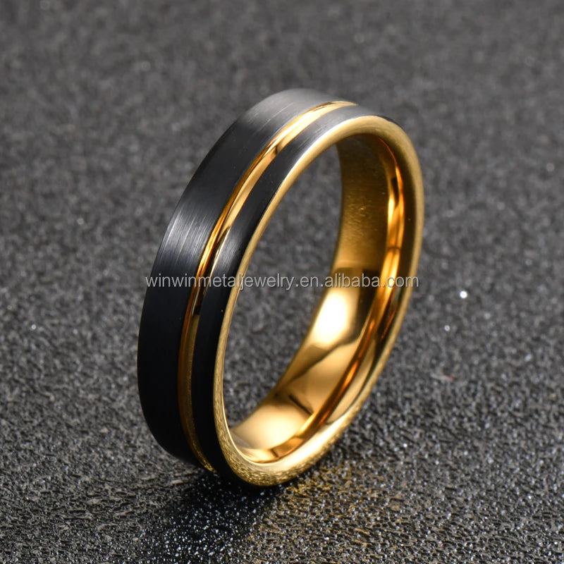 18K Gold & Black 6mm Tungsten Carbide Wedding Band for Men & Women Offset Line & Cut Brushed Comfort Fit