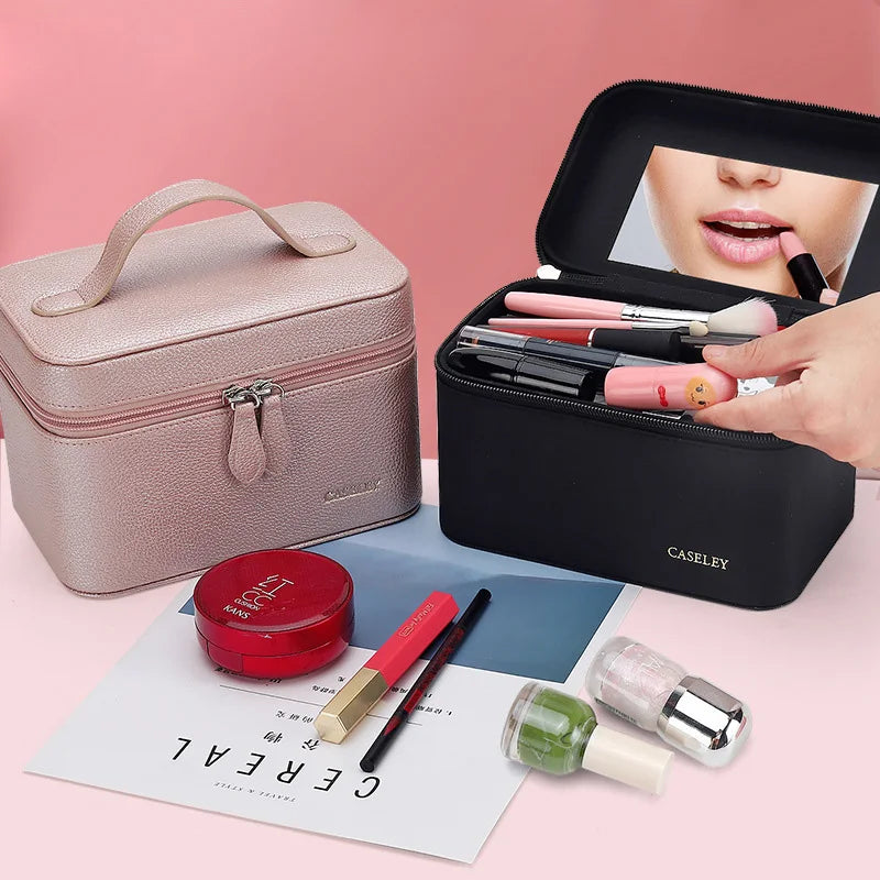 Portable Large Capacity Cosmetic case Box with Handle PU Leather Makeup Organizer with Big Mirror