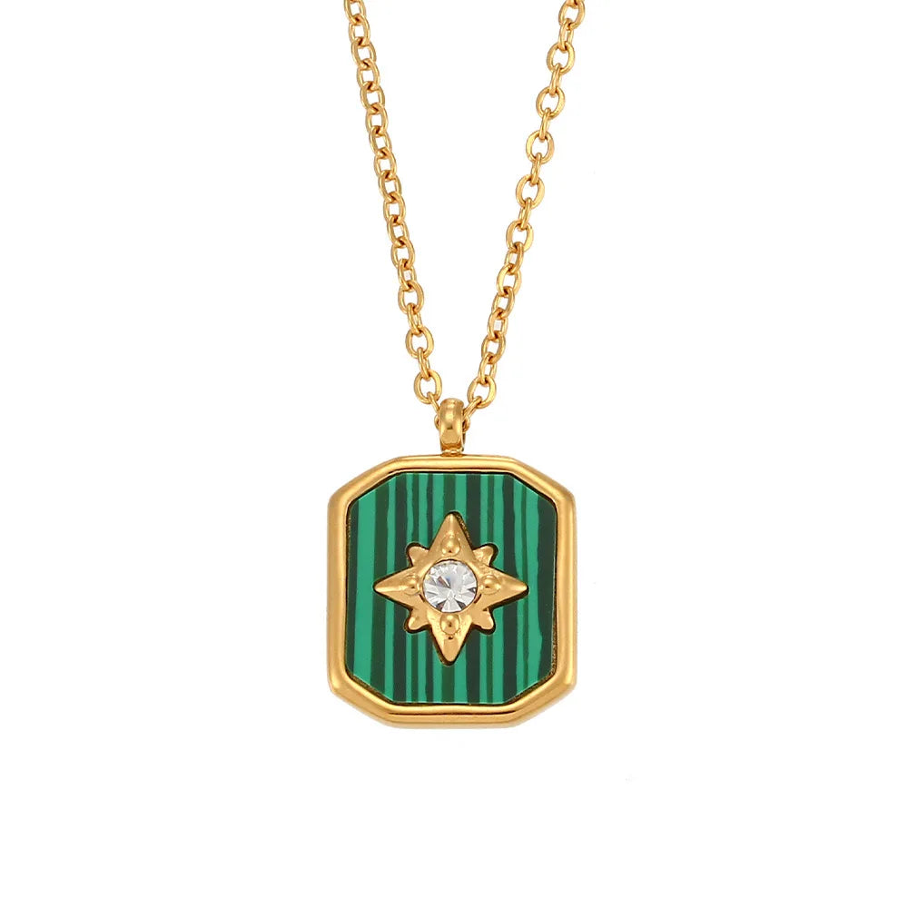 New Star Earrings Studs Malachite Charms Necklace and Earing Set Stainless Steel Diamond Geometric Pendant Enameled Necklace