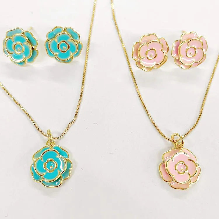 S11114 Spring Jewelry 18k Gold Plated Enamel Multi Colored Rose Floral Flower Necklace and Studs Earr Jewelry Sets for Women Lad